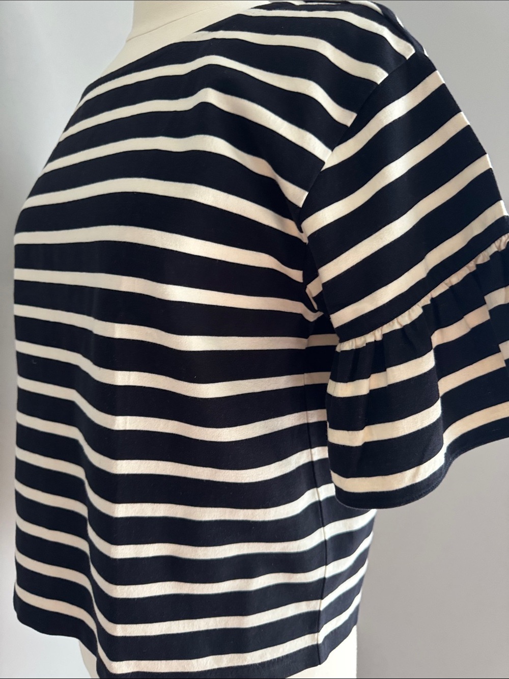 J Crew Striped Ruffle Sleeve Top - Black/Cream, Size M